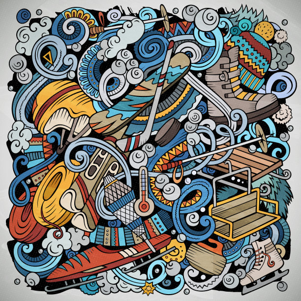 冬季运动手绘矢量涂鸦插图。滑雪场海报设计。寒冷季节户外活动元素和对象卡通背景。色彩鲜艳有趣的图片图片下载