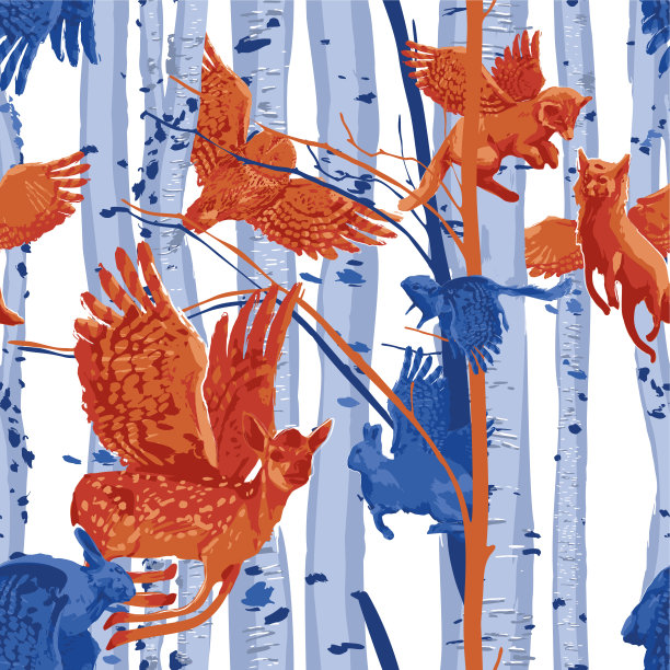 有翼的森林动物在桦树树干之间飞行的无缝图案。图片下载