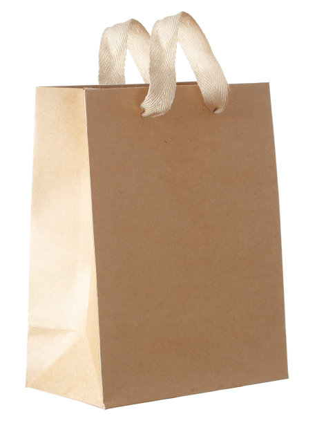 新的空的空白纸袋，有把手，没有铭文和标志。用牛皮纸做的。孤立在白色背景上。图片下载