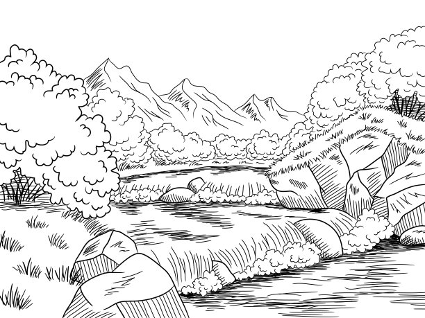 山河图形黑白景观素描插图矢量图片下载