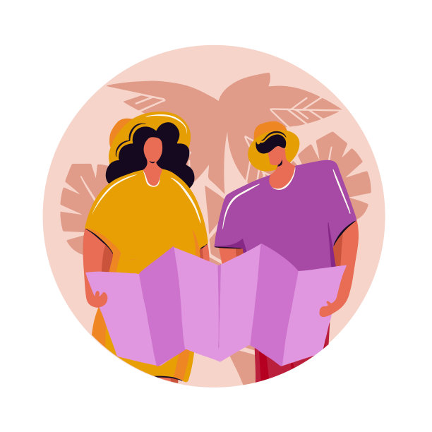 一对年轻人，一男一女背着背包去度假旅行。在地图上寻找新的冒险。热带度假背景。矢量插图与平面卡通人物。图片下载