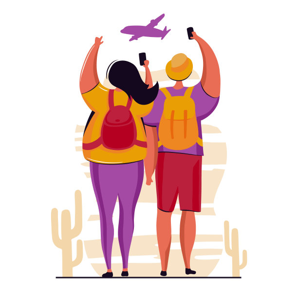 一对年轻人背着背包去度假。用手机相机拍照。旅游度假概念以自然为背景。矢量插图与平面卡通人物。图片下载