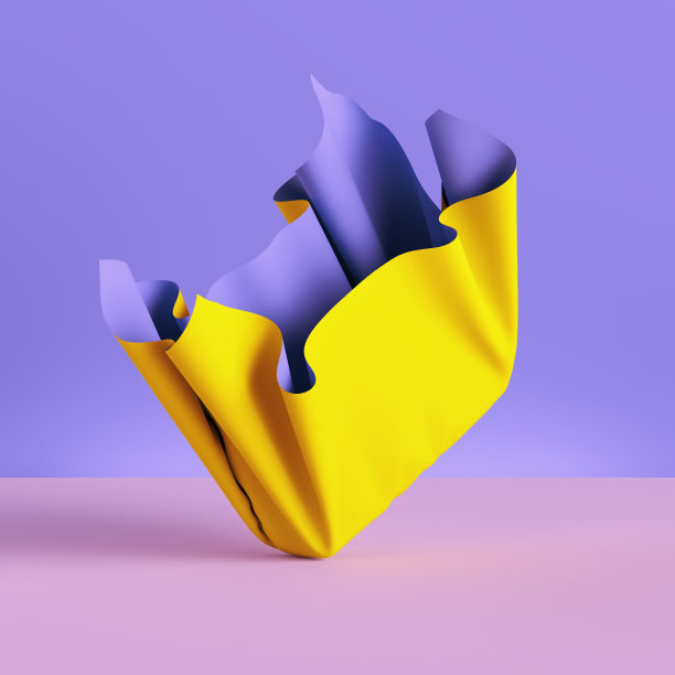 3d渲染，折叠布，黄色窗帘孤立在紫罗兰背景，纺织品，织物，窗帘，抽象时尚壁纸图片下载