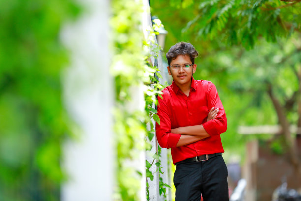 印度/亚洲拼贴男孩，穿着红衬衫，戴着眼镜图片下载