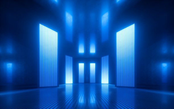 3d渲染，蓝色霓虹抽象背景，紫外光，夜店空房室内，隧道或走廊，发光板，时尚领奖台，表演舞台装饰，图片下载