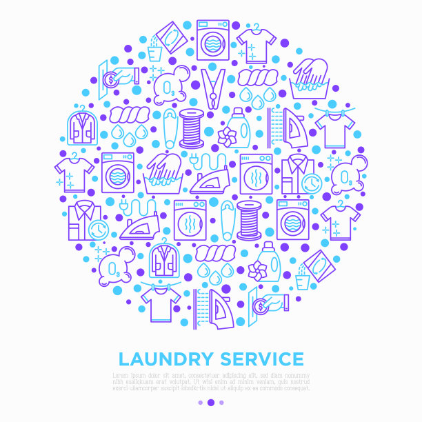 以细线为图标的圆圈洗衣服务理念:洗衣机、旋转循环、烘干机、织物柔软剂、熨烫、手洗、蒸煮、臭氧化。矢量插图，打印媒体模板。图片下载