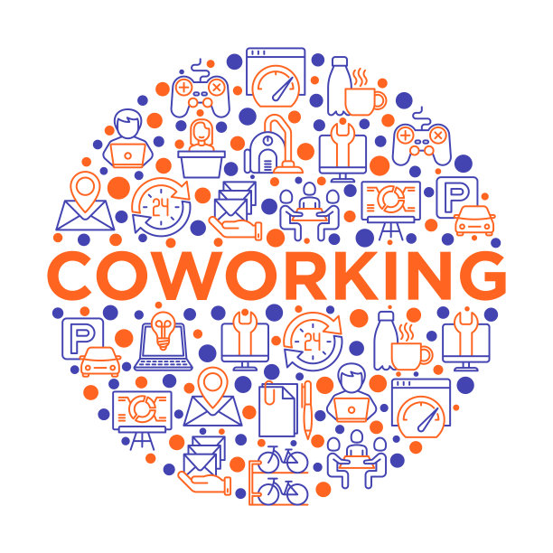 用细线图标圈出的共享办公概念:工作场所、会议室、会议厅、智能办公室、停车场、接待处、法定地址、快速互联网。矢量插图印刷媒体，横幅。图片下载