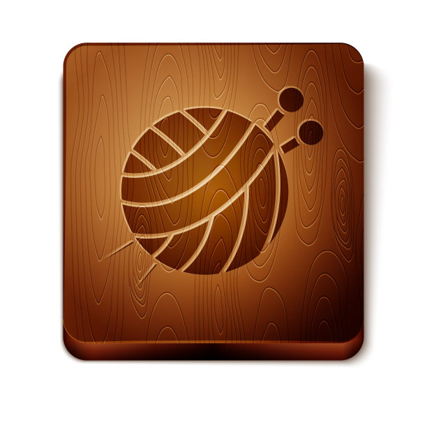 棕色毛线球与针织针图标孤立在白色背景。标签适用于手工、针织或裁缝店。木制方形按钮。矢量图图片下载