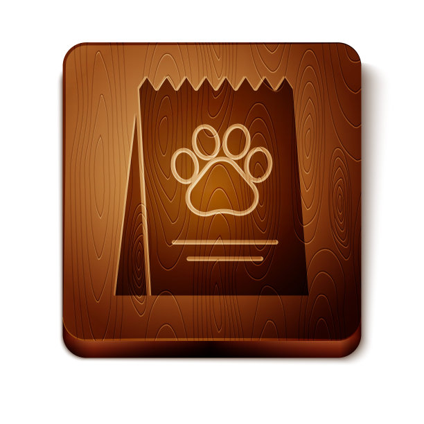 棕色袋子的食物狗图标孤立在白色的背景。狗或猫的爪印。动物的食物。宠物食品包装。木制方形按钮。矢量图图片下载
