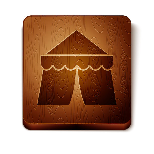 棕色马戏团帐篷图标孤立在白色背景。狂欢节野营帐篷。游乐园。木制方形按钮。矢量图图片下载