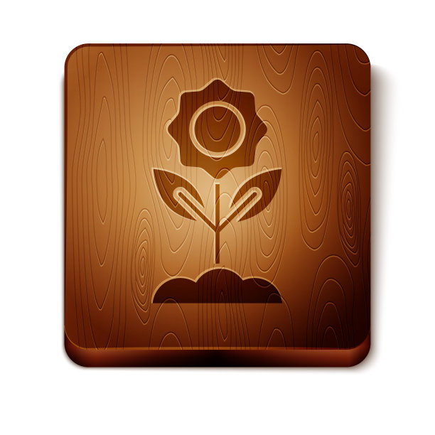 棕色花图标孤立在白色背景。木制方形按钮。矢量图图片下载