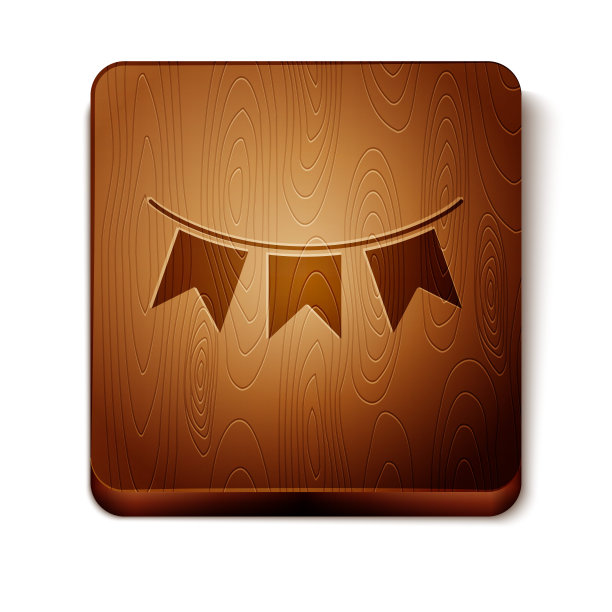 棕色嘉年华花环与旗帜图标孤立在白色背景。用于庆祝生日、节日和博览会装饰的派对三角旗。木制方形按钮。矢量图图片下载