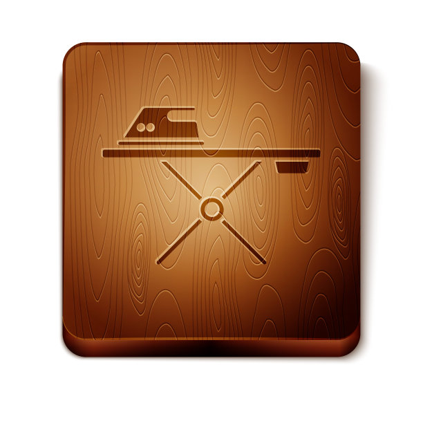 棕色电熨斗和熨衣板图标孤立在白色背景上。蒸汽熨斗。木制方形按钮。矢量图图片下载