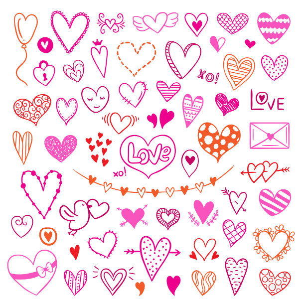 心向量插图。手绘集与粉色和红色的心符号。情人节概念图片下载