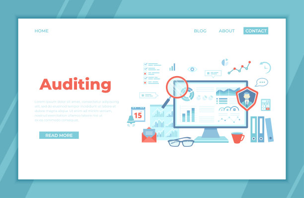 审计、分析、会计、计算、分析。审核员检查文档。图形，监视器屏幕上的图表。登陆页面模板或网页横幅，信息图表。向量图片下载