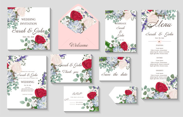 婚礼请柬用花和叶，水彩，孤立上白。图片下载