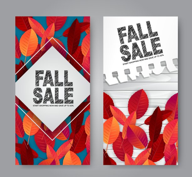 秋天的传单模板与红色和橙色的叶子。为秋季促销设计的传单。Vectical横幅。矢量插图。图片下载