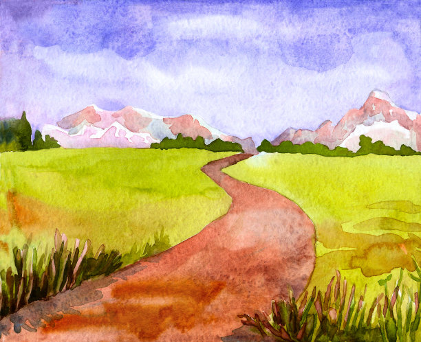山上有夏季的风景，田野里有一条路。水彩插图图片下载
