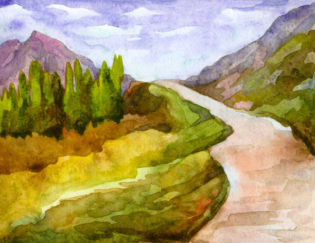 夏季的景观有高山、公路和高地的森林。水彩插图图片下载
