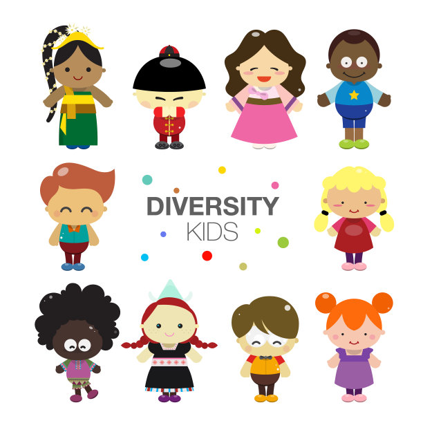 多样性的孩子们。快乐的孩子与可爱的服装。图片下载