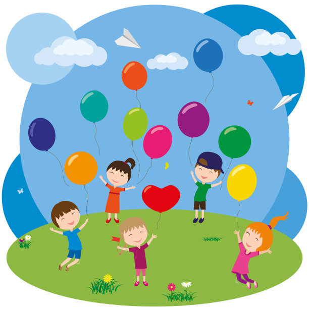 快乐的孩子。快乐的孩子们把气球放飞到空中。有趣的孩子们在公园里玩耍跳跃。图片下载