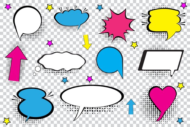 一组空的漫画气泡和元素设置与黑色半色调阴影。矢量插图。复古设计。波普艺术风格图片下载