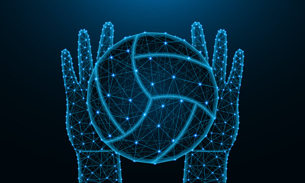 手和球打排球低多边形设计，运动游戏在多边形风格，接住或扔球线框矢量插图由点和线在深蓝色的背景图片下载