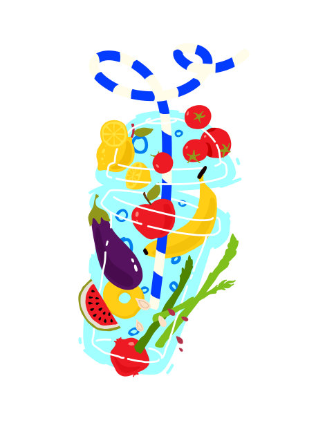 插图蔬菜和水果在一个透明的玻璃冰沙与吸管。向量。生态产品的格局。图片为冰沙酒吧菜单或素食咖啡馆。平面风格，所有元素都是孤立的。图片下载