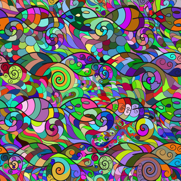 多彩的无缝图案风格化的叶子和螺旋图片下载