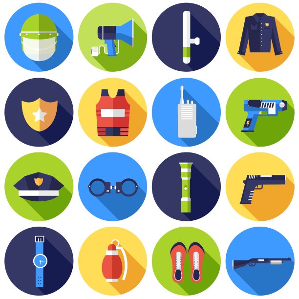 警察制服和设置保护图标孤立的背景。平面风格鲜明的概念。矢量插图的彩色模板为您设计，web和移动应用程序图片下载