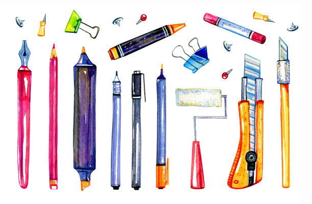 艺术家材料-笔，铅笔，刀，蜡笔和文具。手绘素描水彩插图集图片下载