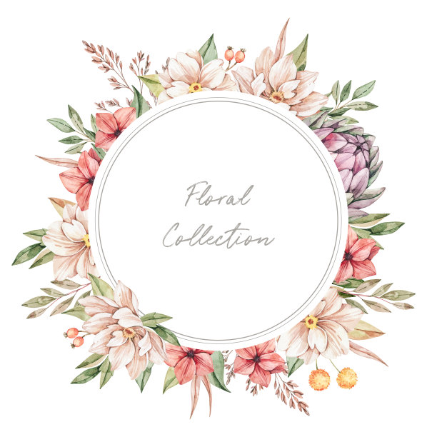 水彩插图。秋季植物框架，有洋蓟和野花。标签用落叶，树枝，花。花的设计元素。完美的婚礼邀请函，明信片，海报图片下载