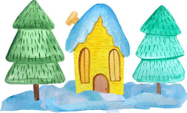 黄色的圣诞房子在雪堆和树在白色的背景。水彩插图海报，横幅。新年卡图片下载