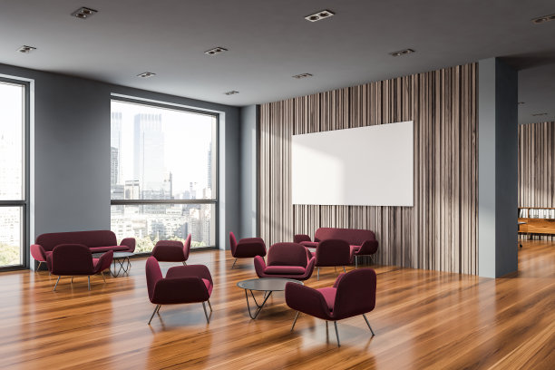 木制和灰色的办公室休息区与海报图片下载