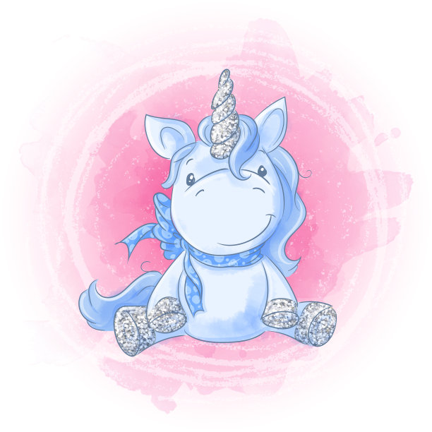 可爱的卡通独角兽在水彩画的背景图片下载