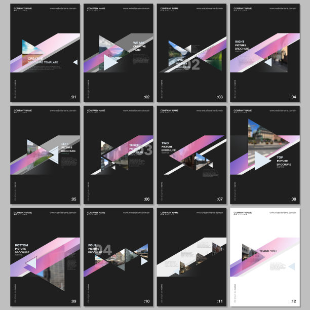 最小的手册模板与彩色梯度三角形和三角形的形状在黑色的背景。封面设计模板的传单，传单，小册子，报告，演示，广告，杂志图片下载