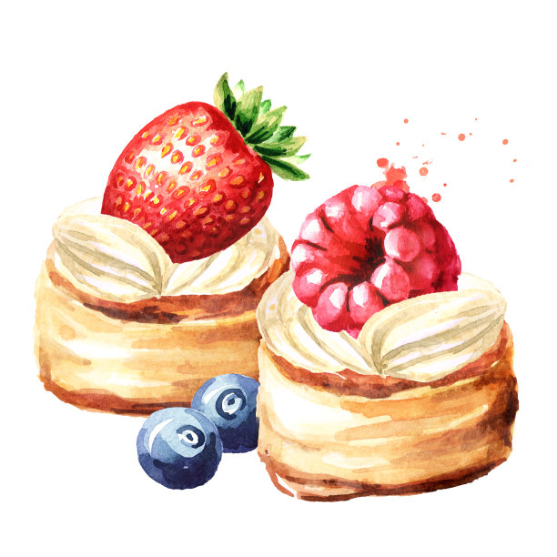 节日食物，甜果馅饼和浆果。水彩手绘插图孤立的白色背景图片下载