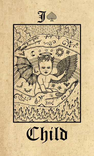 的孩子。来自莱诺芒哥特神秘神谕牌组的塔罗牌。图片下载