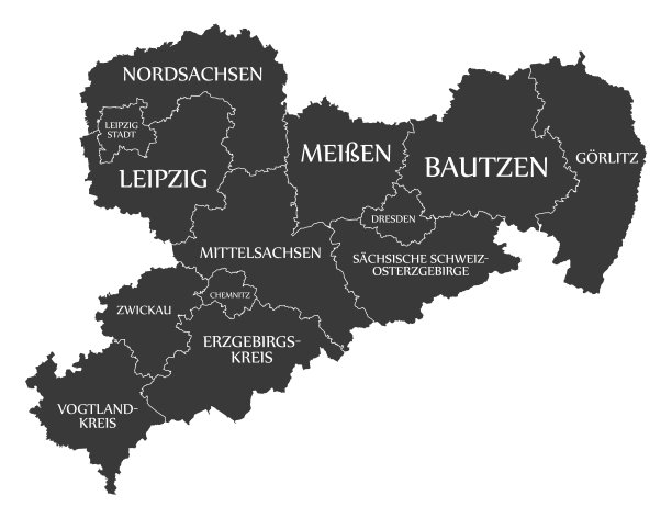 现代地图-德国萨克森地图的县和标签黑色图片下载