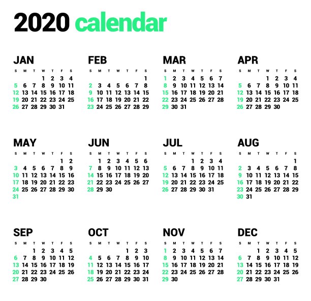 2020年新年日历以简洁简约的餐桌风格呈现。图片下载