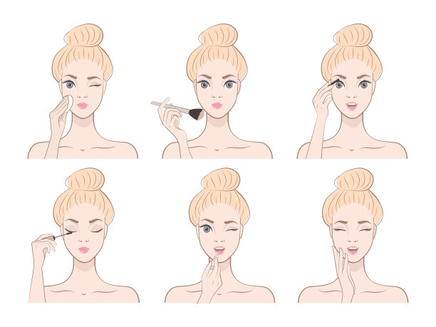 金发美女与各种动作组合。步骤。化妆品。美容、化妆。健康。矢量插图在柔和的色调图片下载