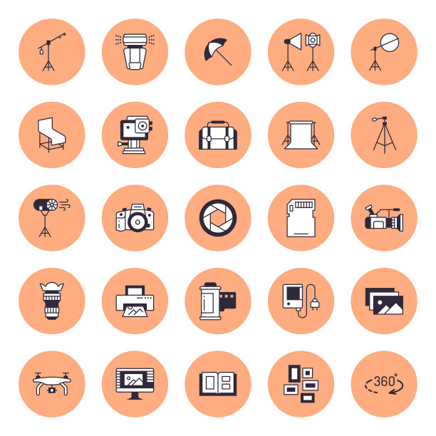 摄影设备平线图标。数码相机，照片，灯光，视频照片配件，记忆卡，三脚架镜头胶卷图片下载