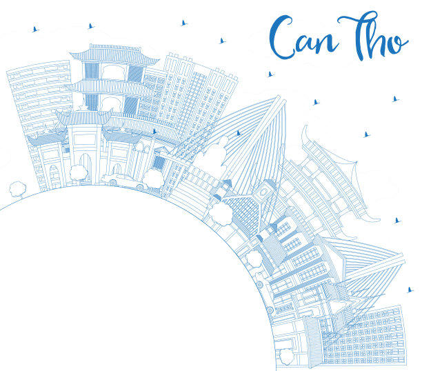 蓝色建筑和复制空间勾勒出越南城市天际线。图片下载