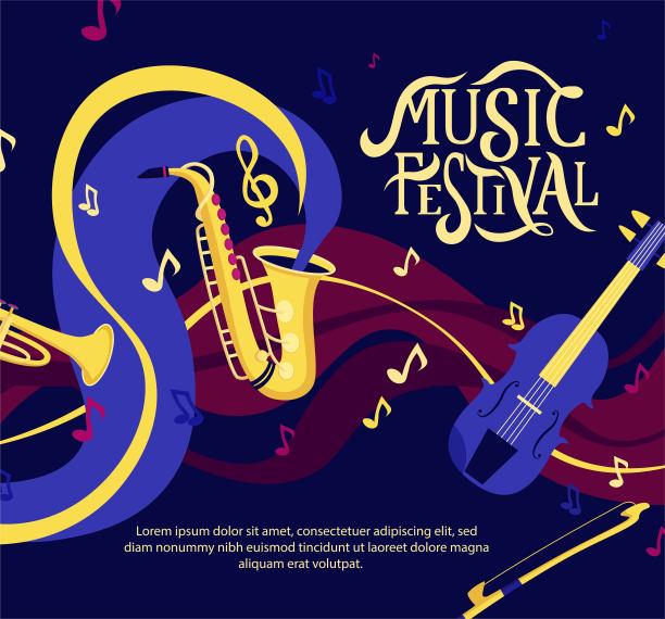 矢量旗帜为音乐节。手刻字。爵士音乐会邀请，贺卡，派对布局模板。性能的广告小册子。萨克斯管，小提琴的扁平风格。图片下载