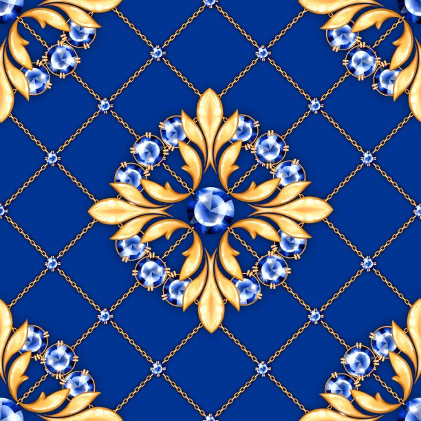 珠宝的背景。无缝蓝色图案与交叉的黄金链和宝石图片下载