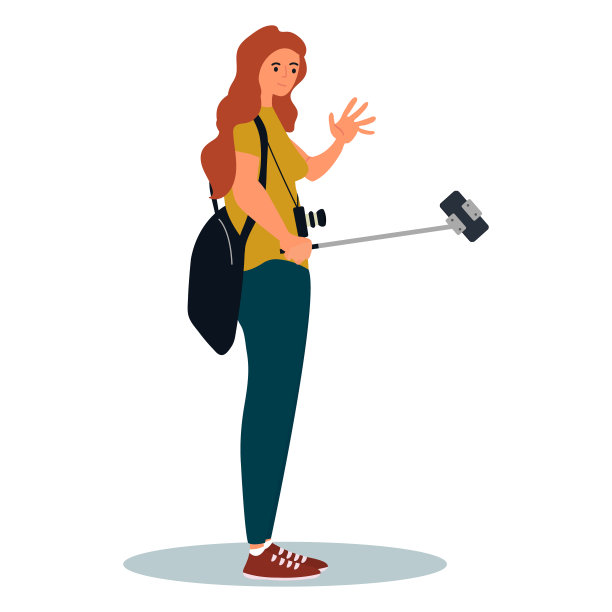 微笑的年轻女孩与背包站在他的智能手机自拍照片。矢量插图在白色背景卡通风格图片下载