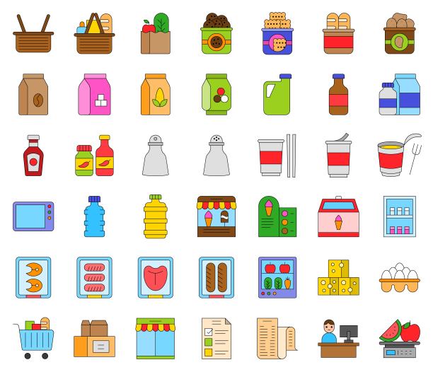 杂货店相关的矢量图标设置，填充样式可编辑轮廓图片下载