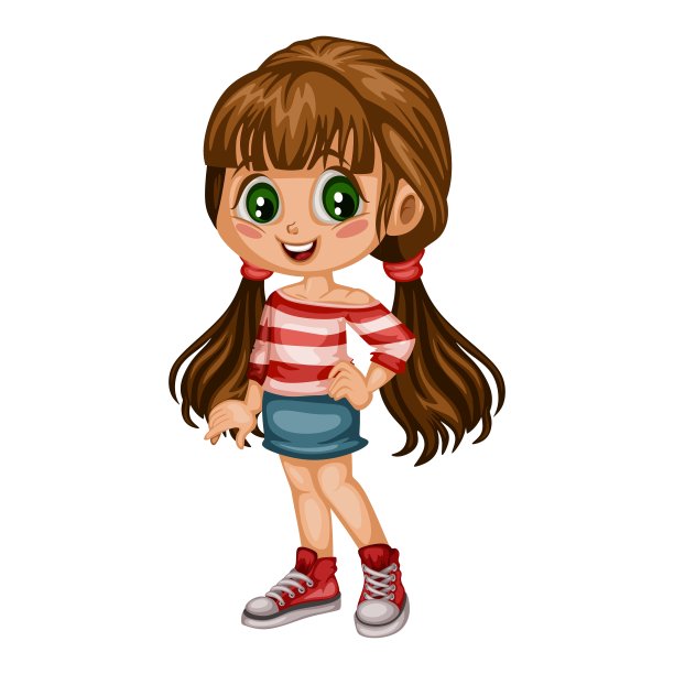 一个可爱开朗的女孩穿着漂亮的裙子的卡通插图。小孩的卡通图片下载