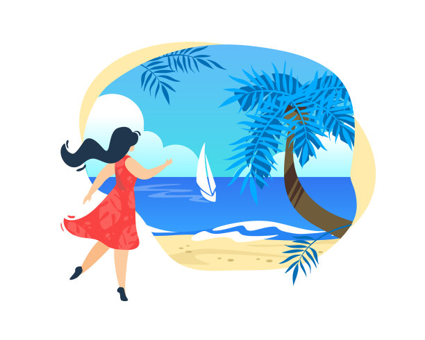 红衣女子站在棕榈树下的沙滩上图片下载