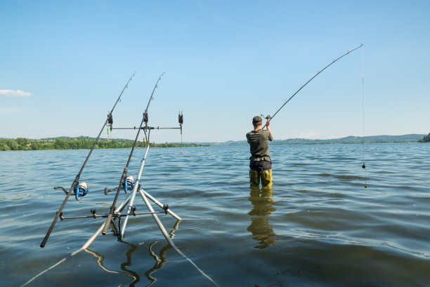 钓鱼历险，钓鲤鱼。渔夫在抛鱼饵图片下载